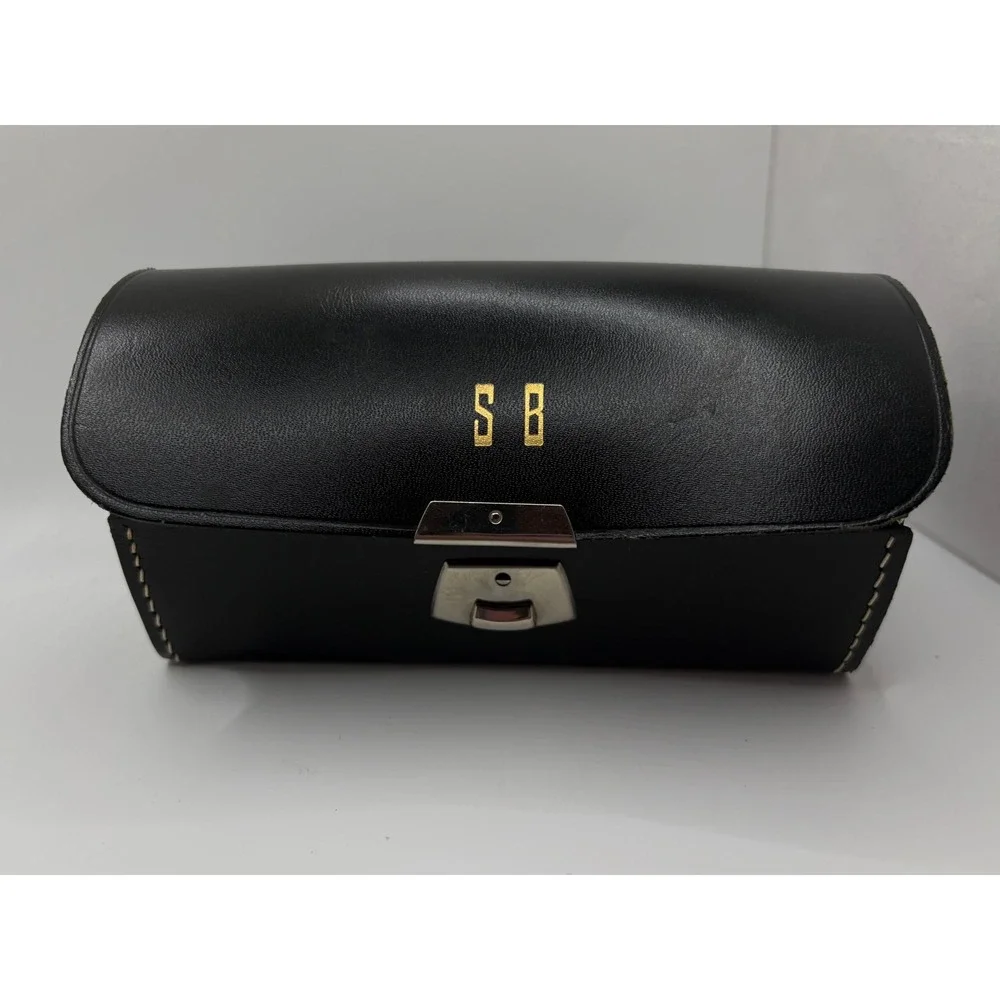 VTG Black Top Grain Cowhide Leather Eyeglass Case Made in England Monogram